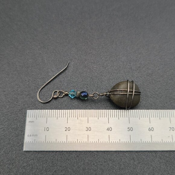 Silver Plated Tarnished Hand Wrapped Stone Dangle Earrings A6337 - Picture 4 of 5